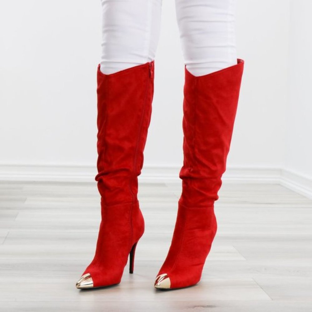 Fancy Pointy Toe Below The Knee Red Boots Suede - Picture 5 of 14